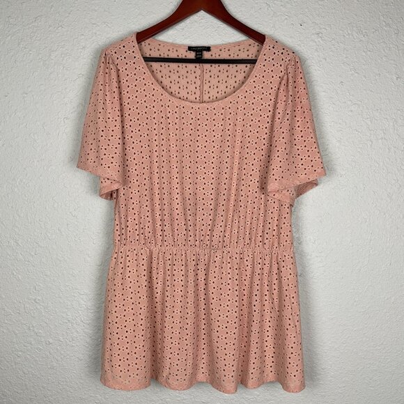 Lane Bryant Top Peach Eyelet Short Sleeve Pullover Plus Size 22/24 Elastic Waist - Picture 1 of 16